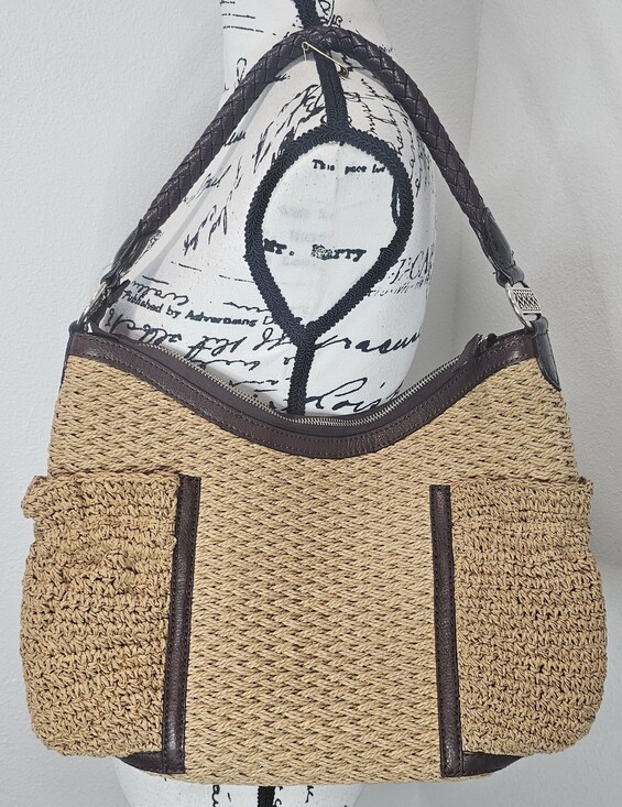 Brighton Women's Woven Jute/Leather Hobo Bag Braided Leather Handle Zip Closure - Picture 2 of 15